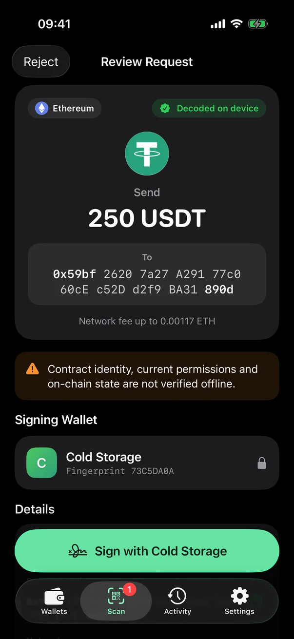 BitTool Signer reviewing a USDT transfer before signing