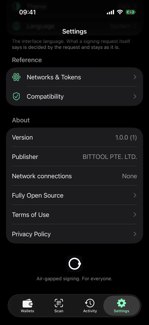 BitTool Signer settings showing no network connections