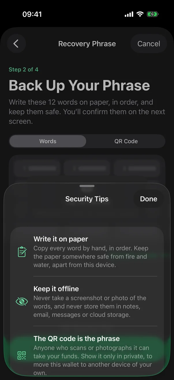 Security tips for the recovery phrase