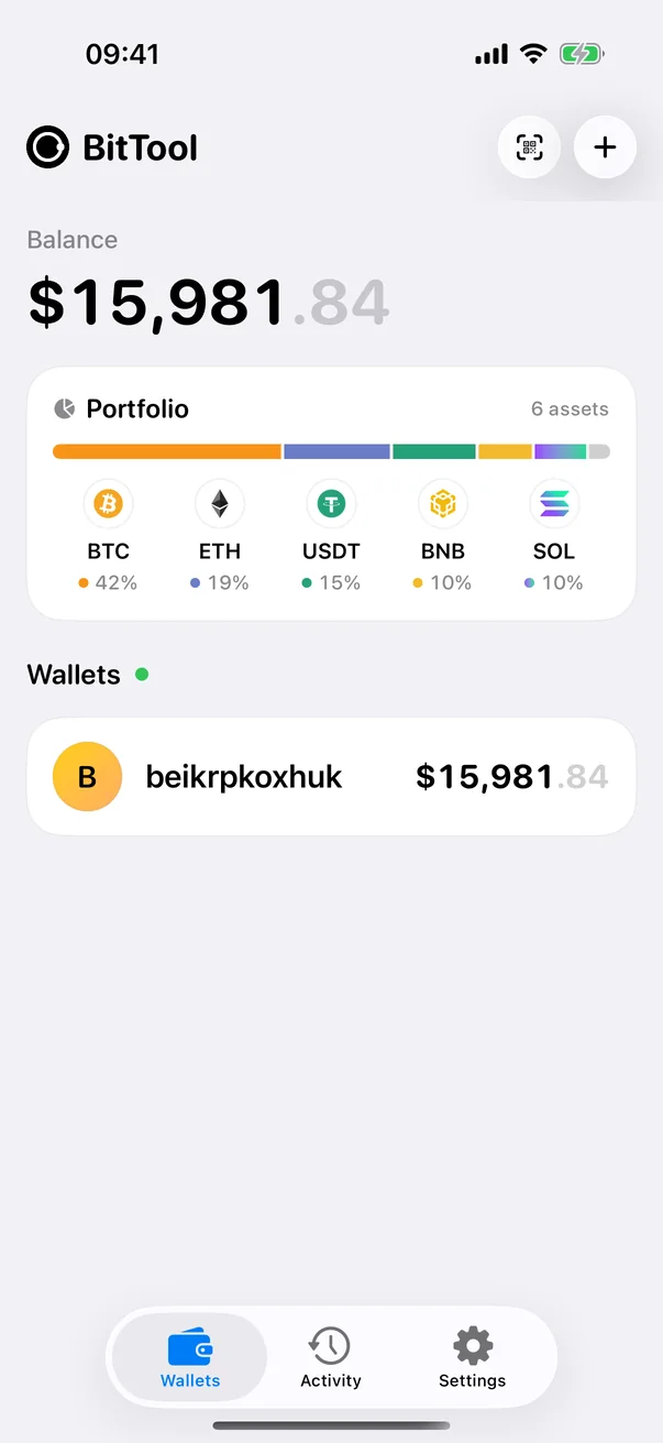 BitTool Wallet home screen